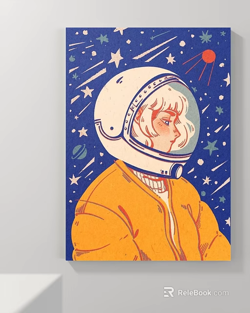 Oil Painting of Astronaut in Orange Jacket with White Helmet Against Starry Sky and Stars 3d model 