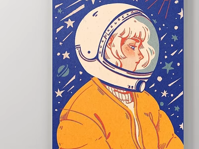 Oil Painting of Astronaut in Orange Jacket with White Helmet Against Starry Sky and Stars 3d model