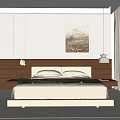 Modern Bedroom Interior With Platform Bed Wooden White Headboard Wall Art Pendant Lights And Curtains