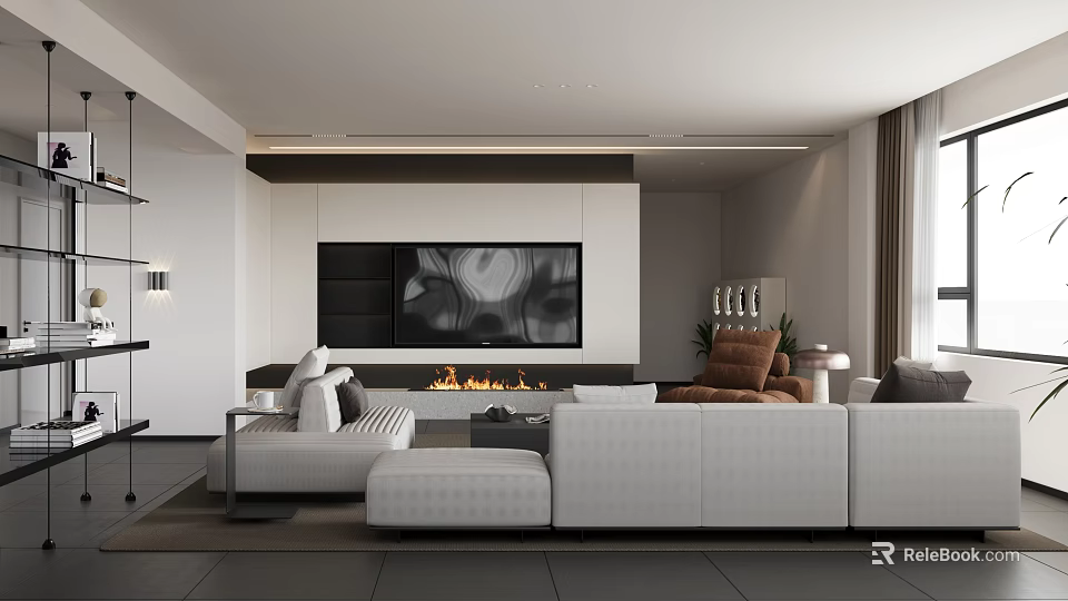 Modern Living Dining Room Interior Design With White Sofa Fireplace TV Wall And Curtains 3d model 