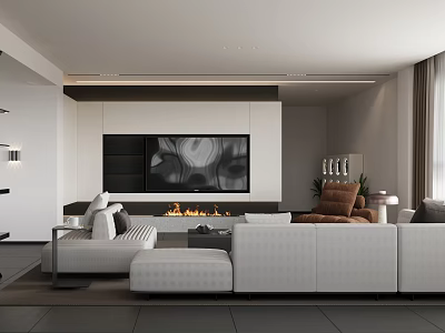 Modern Living Dining Room Interior Design With White Sofa Fireplace TV Wall And Curtains 3d model