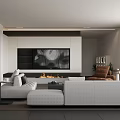 Modern Living Dining Room Interior Design With White Sofa Fireplace TV Wall And Curtains