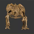 Golden Animal Skeleton in Standing Pose on Dark Background with Reflection