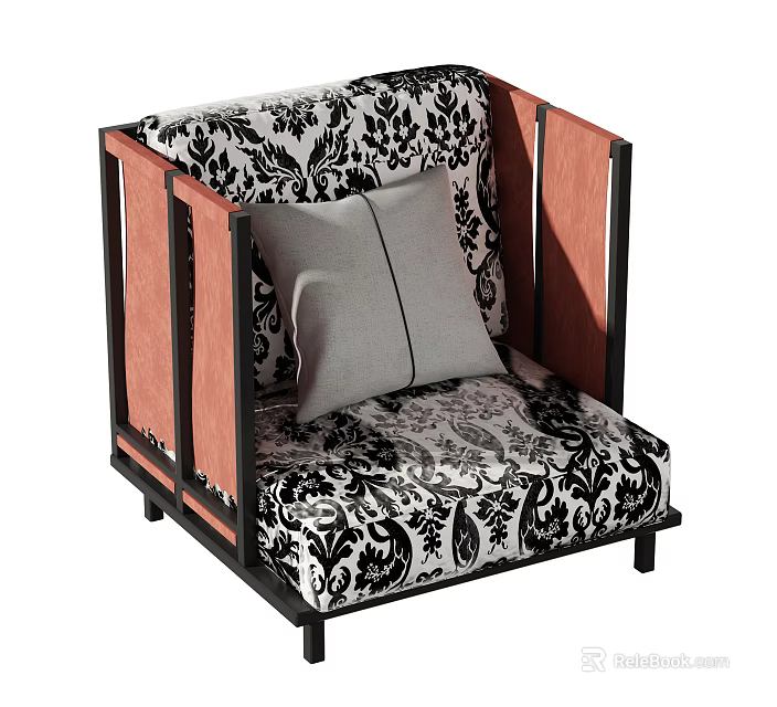 Single Sofa With Black And White Patterned Fabric Wooden Frame And Gray Cushion 3d model