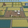 Tranquil Rural Landscape With Golden Rice Fields Traditional Huts Small Pond And Cloudy Sky