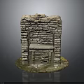 Rustic Handcrafted Stone Fireplace Structure With Stone Walls And Mossy Base Table