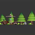Cartoon Forest Scene With Green Trees Character Bear Logs Stones And Mushrooms