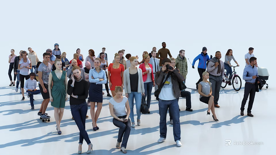 Diverse Group of People with Various Outfits Standing and Interacting in Open Space 3d model 