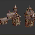 Architectural Small House Models with Purple Roofs Green Windows Spires and Towers