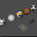 Various Sports Equipment Including Soccer Basketball Volleyball Balls and Badminton Rackets on Gray Surface