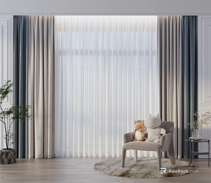 Modern Layered Gray And White Curtains In Living Room With Chair And Plant 3d model 