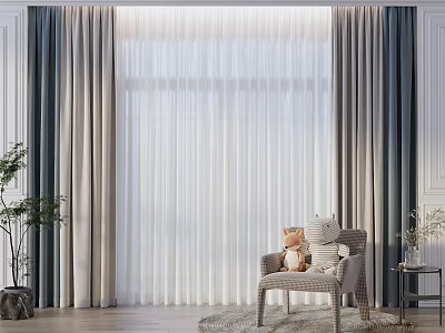 Modern Layered Gray And White Curtains In Living Room With Chair And Plant 3d model
