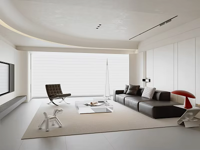 Modern Living Room Interior With Curved White Walls Black Sofa Chair And White Coffee Table 3d model