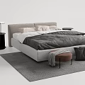 Modern Double Bed With Gray Bedding Pillows Stool Bedside Tables And Rug 3d model