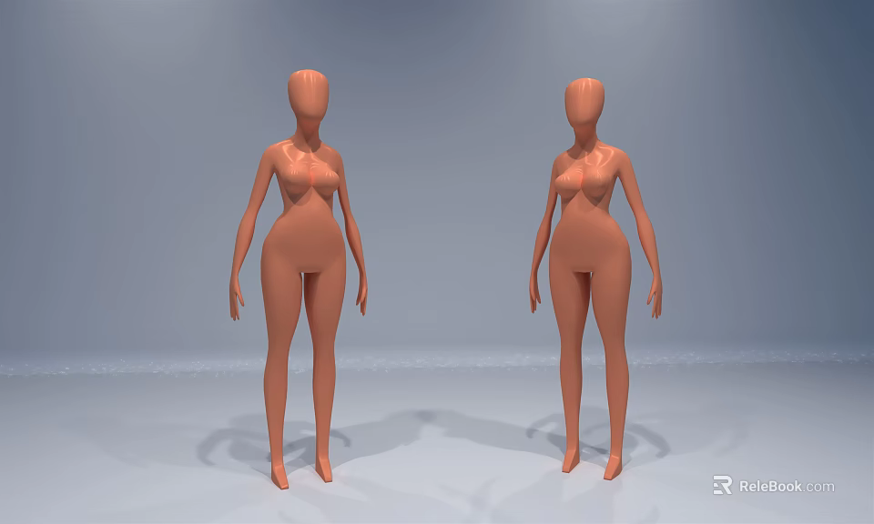 Two Orange Full Body Mannequins Standing On Light Blue Background 3d model