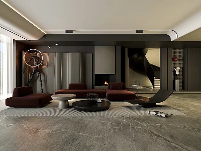 Modern Living Room Interior Design With Brown Sofas Fireplace And Striped Accent Wall 3d model