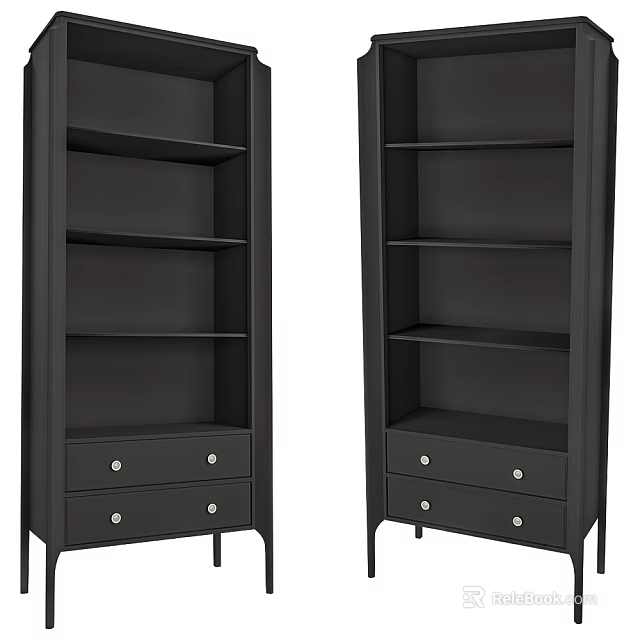 Modern Black Bookcases with Multiple Shelves Bottom Drawers and Metal Legs 3d model 