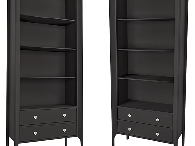 Modern Black Bookcases with Multiple Shelves Bottom Drawers and Metal Legs 3d model