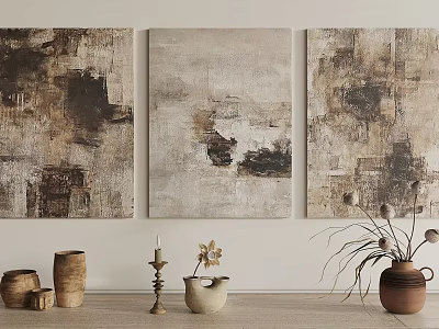 Abstract Neutral Tones Canvas Paintings On White Wall With Clay Pots Candle And Dried Plants 3d model