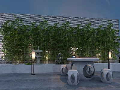 Modern Outdoor Table and Chair Courtyard Bamboo Landscape Floor Lamp Stone 3d model