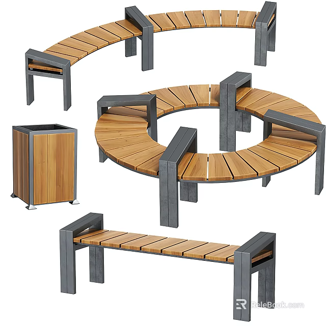 Wooden Outdoor Chairs With Metal Frames Circular And Bench Styles For Garden Seating 3d model 