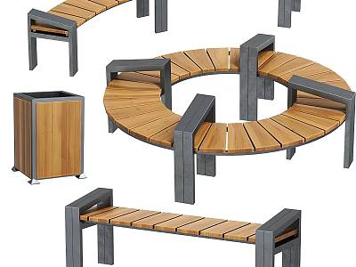 Wooden Outdoor Chairs With Metal Frames Circular And Bench Styles For Garden Seating 3d model