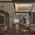 Modern Restaurant Interior With Neat Tables Chairs Hanging Lights Large Windows And City View