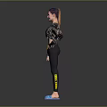 Smiling Female Character In Leopard Top With Pet Dog Wearing Black Leggings And Blue Shoes