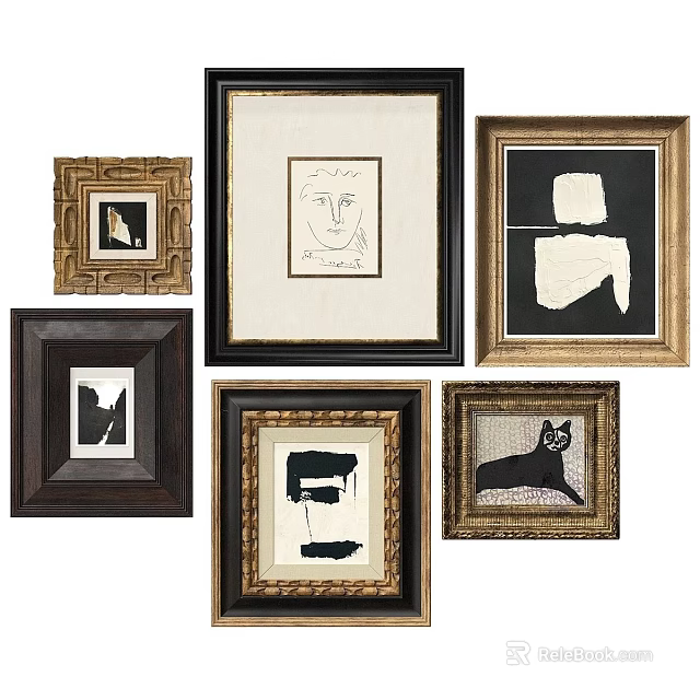Eclectic Gallery Wall With Various Frames Art Pieces Sketches Abstract Patterns And Animal Silhouettes 3d model 