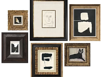Eclectic Gallery Wall With Various Frames Art Pieces Sketches Abstract Patterns And Animal Silhouettes 3d model