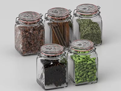 Set Of Glass Spice Jars With Airtight Lids Holding Various Spices 3d model