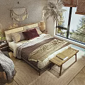 Natural Style Double Bed With Macramé Wall Hanging Palm Plants Bamboo Blinds And Woven Rug
