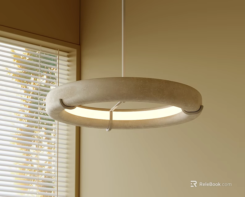 Modern Circular Pendant Light with Soft Glow near Window Blinds in Light Colored Interior 3d model