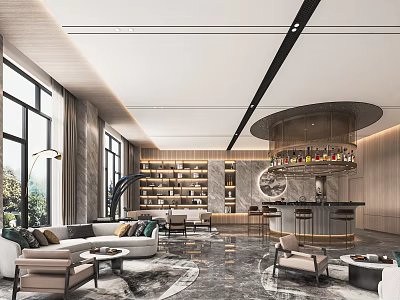 Modern Lounge Area Interior Design With Sofa Coffee Table Bookshelf And Round Bar Counter 3d model