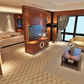 Hotel Guest Room Interior With Comfortable Sofa Coffee Table Wooden Paneling And Plaid Carpet