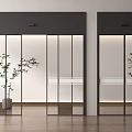 Modern Glass Doors With Black Frames In Bright Interior With Wooden Floor And Green Plant