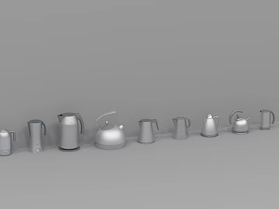 Stainless Steel Kitchenware Kettles And Mugs In Different Styles Arranged In Row 3d model