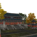 Ancient Chinese Architecture With Red Walls Curved Eaves And Yellow Ginkgo Trees