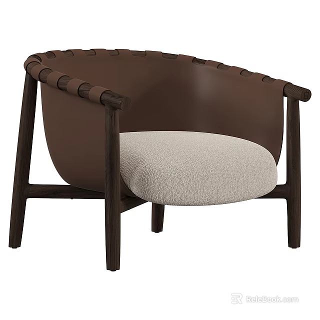 Brown Armchair With Woven Armrests Light Gray Cushion And Dark Wooden Frame 3d model 