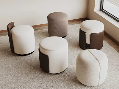 Five Modern Round White and Brown Upholstered Stools for Indoor Carpeted Living Space 3d model