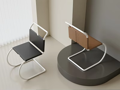 Minimalist Office Chairs With Black And Brown Seats And Metal Frame On Indoor Display Stand 3d model