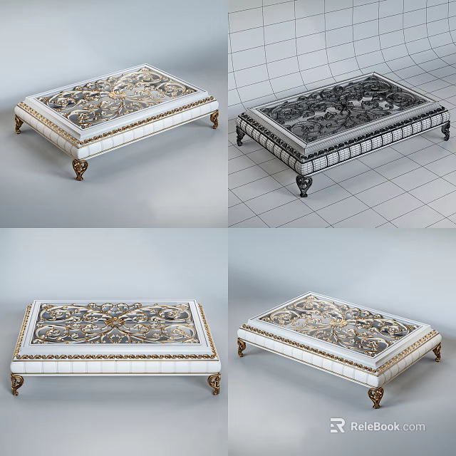 Ornate Classic Coffee Table With Intricate Carved Panel And Golden Decorative Legs 3d model 