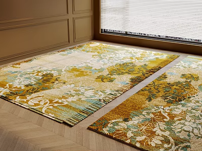 Elegant Square Rug With Floral Pattern Fringe Edges Yellow Green On Wooden Floor Interior 3d model