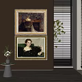 Interior Wall Decor Two Gold Framed Paintings Wooden Wall Side Table Vase Plant Window Blinds