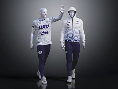 Two Mannequins Displaying Athletic Sportswear With White Tops Dark Pants And Brand Logos 3d model
