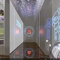 Modern Bar Interior With Neon Lights Purple Pillars Laser Beams Seating Area And Digital Screen