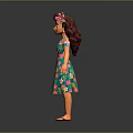 Cartoon Female Character With Long Brown Hair Pink Flower Hairpiece Turquoise Floral Dress Sandals
