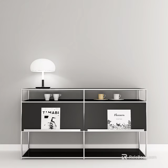 Modern Console Cabinet With White Table Lamp Mugs Flowers TMABI Posters And Metal Frame 3d model 