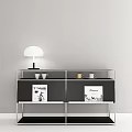 Modern Console Cabinet With White Table Lamp Mugs Flowers TMABI Posters And Metal Frame