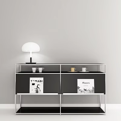 Modern Console Cabinet With White Table Lamp Mugs Flowers TMABI Posters And Metal Frame 3d model